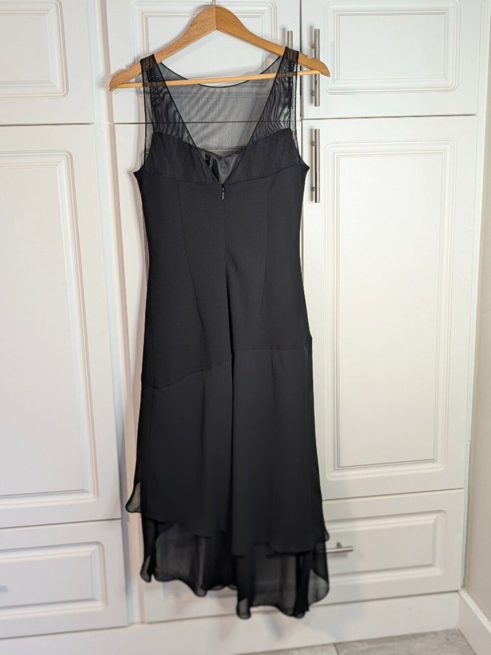 Vintage 90s Black Chiffon Asymmetrical Ruffle Hem Midi Dress 8 Romantic EUC 🖤 - Picture 6 of 15